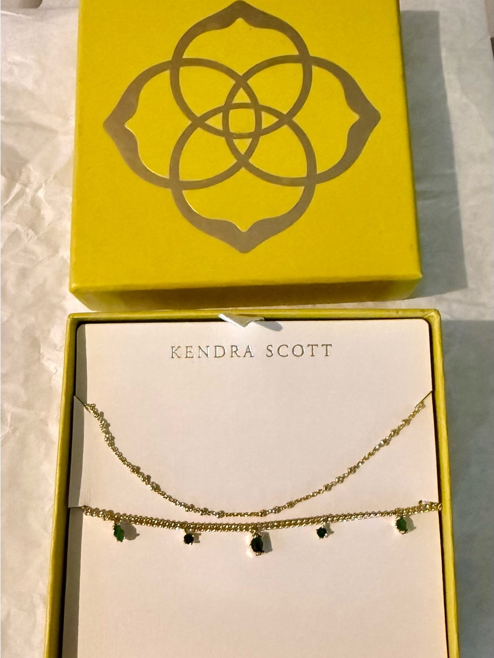 Kendra Scott Set of 2 Gold Necklaces with Green Crystal Charms + Box